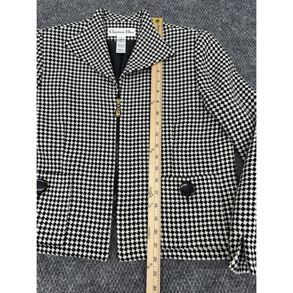 Vintage Christian Dior Women's 10P Crop Full Zip Houndstooth Jacket Blazer USA